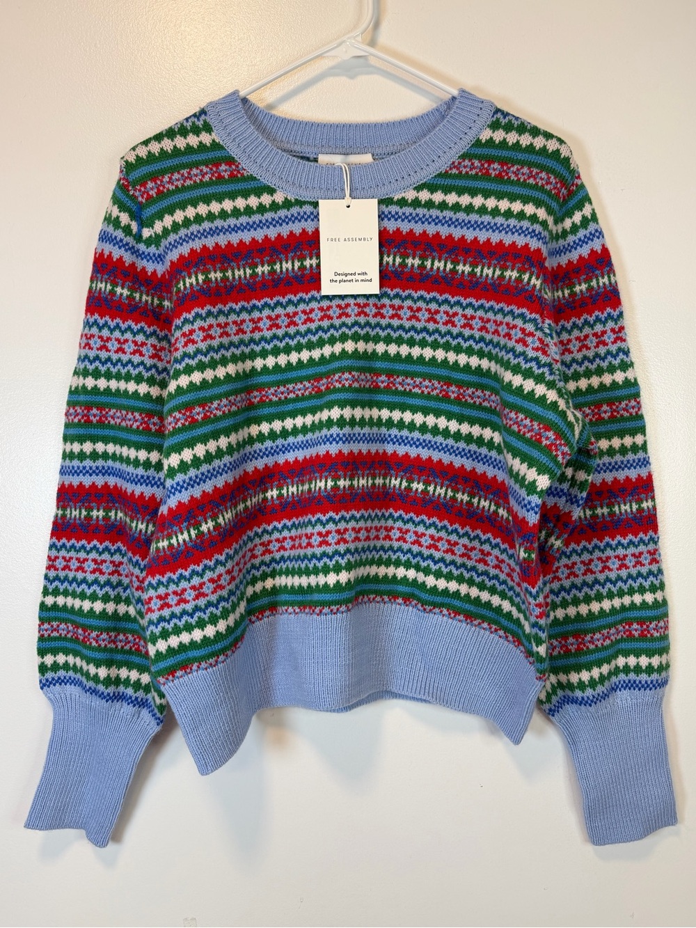 Free Assembly Fair Isle Multicolor Crewneck Sweater Tall Cuffs Women’s Large - Picture 1 of 6